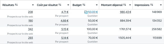 Capture Ads Manager : 4 campagnes PAC, colonnes résultats, coût par résultat, budget, montant dépensé et impressions.